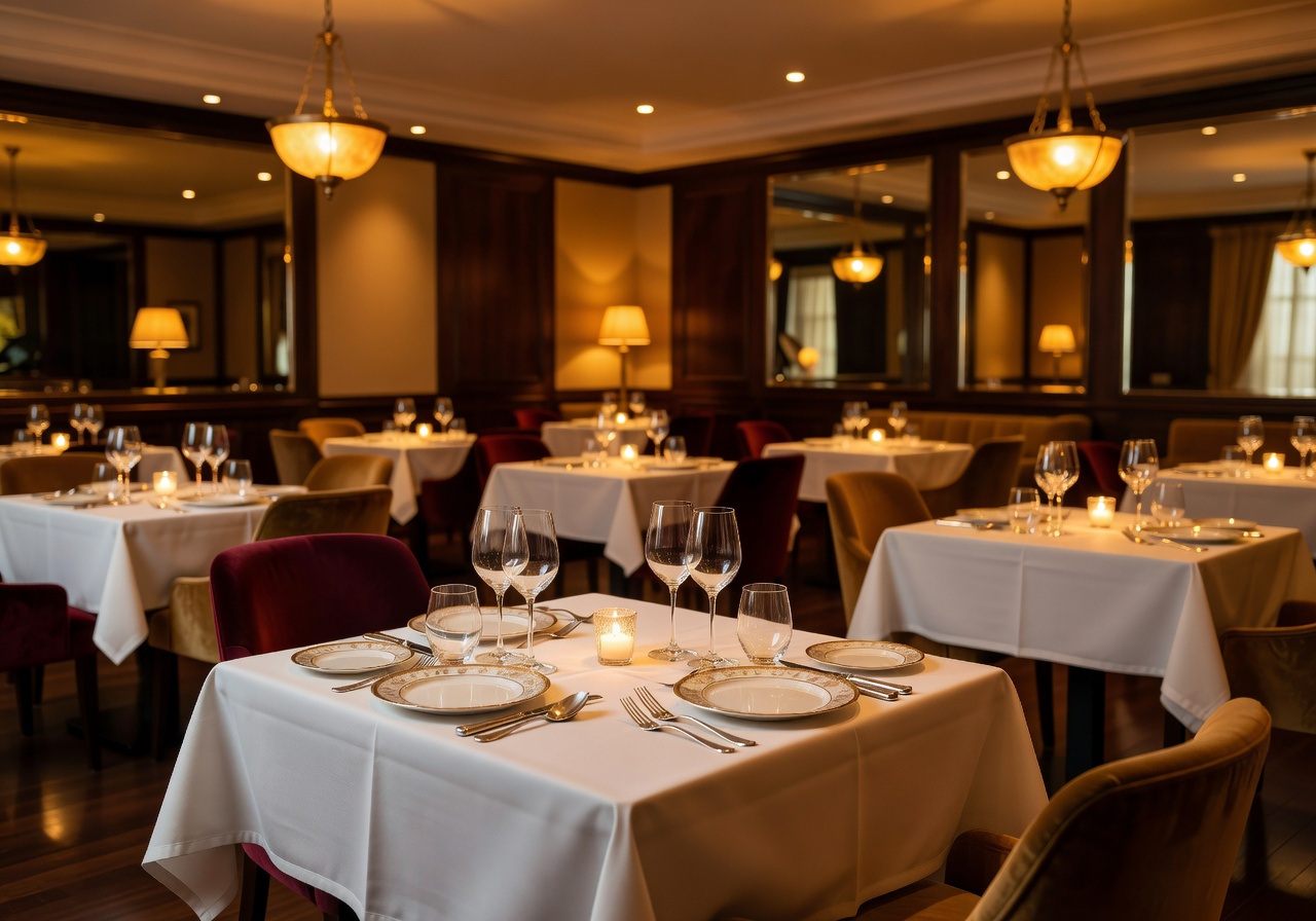 Amber Restaurant interior with warm lighting and elegant table settings