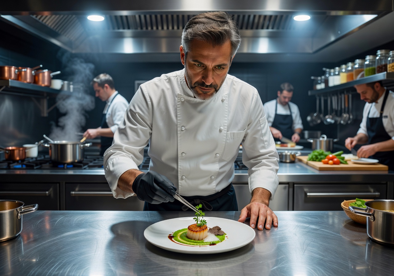 Chef preparing gourmet dish with precision in open kitchen