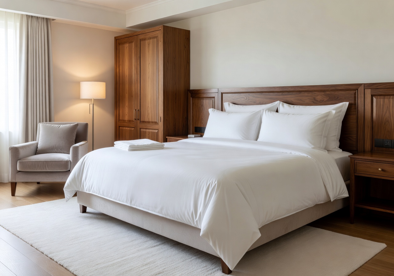 Deluxe King Room with crisp white linens and elegant wood accents