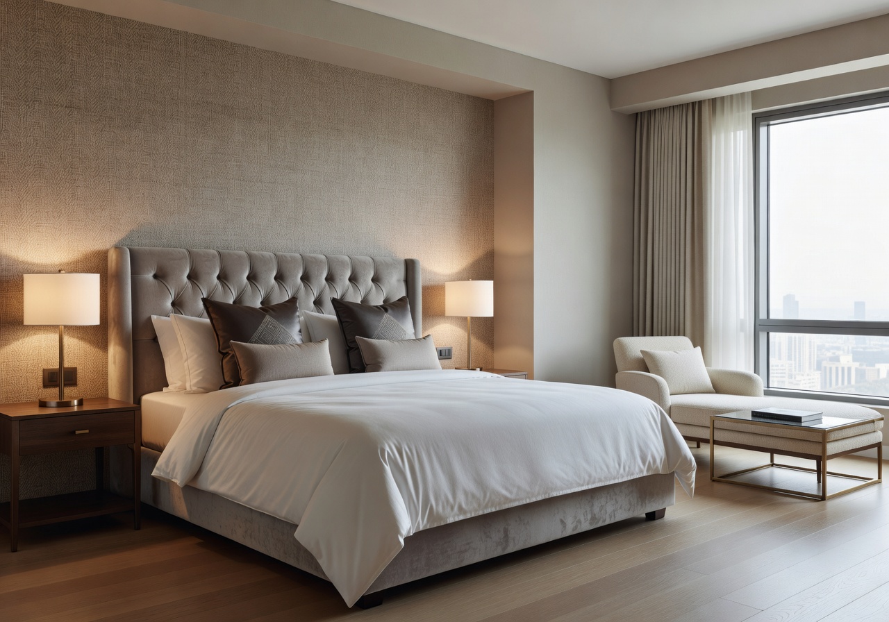 Elegant hotel suite bedroom with king bed and designer decor