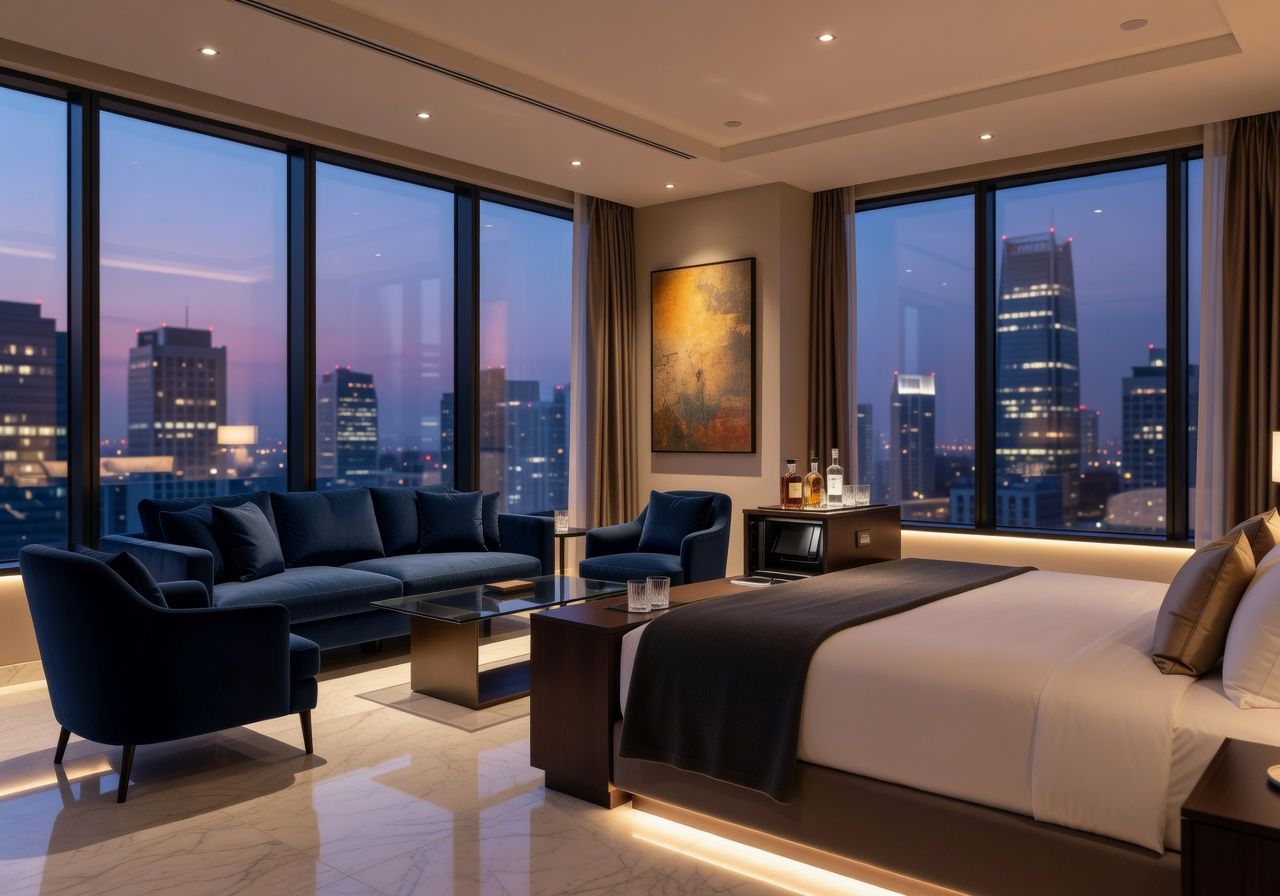Elegant hotel suite with city view showcasing Triggerfunlounge luxury