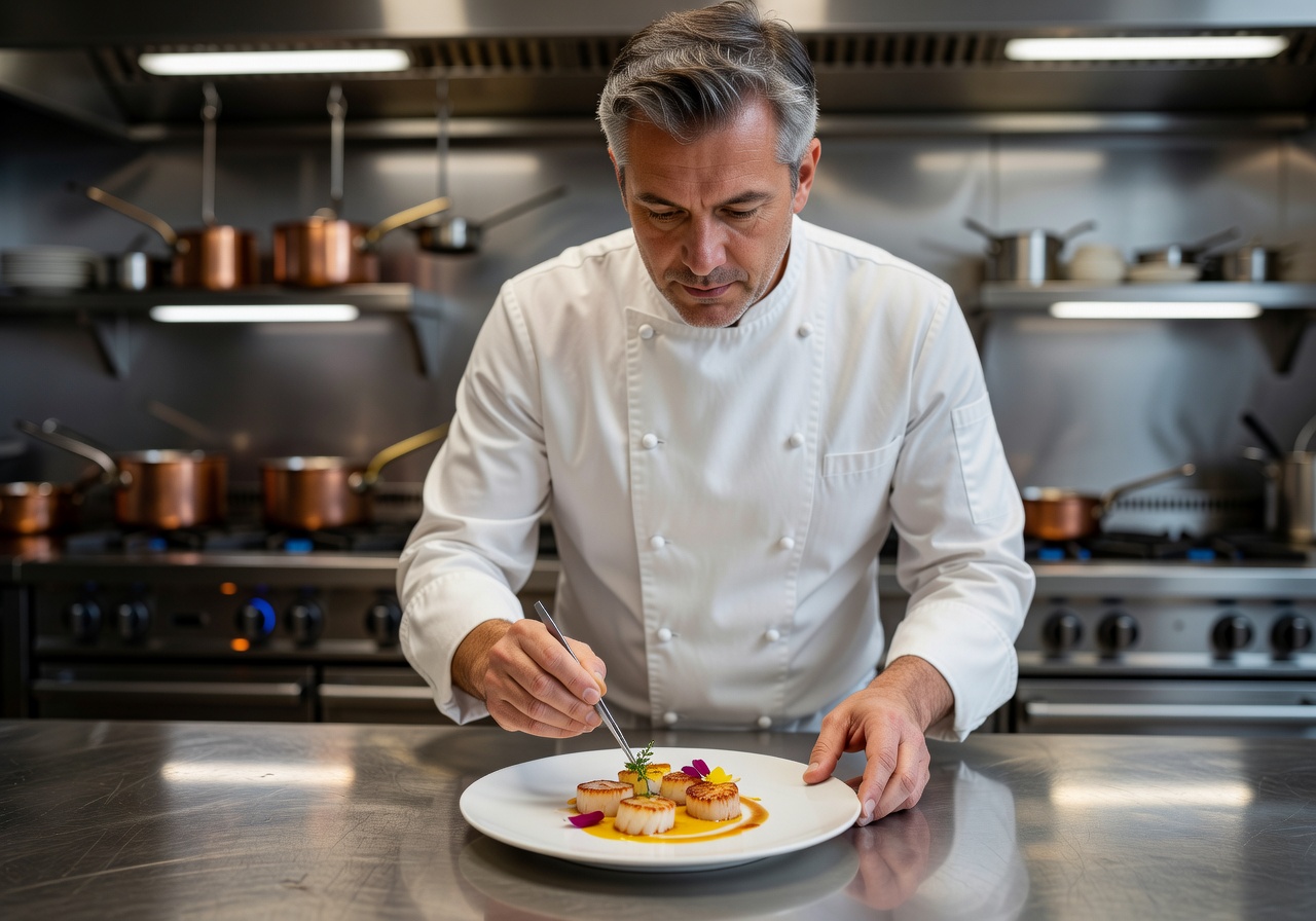 Executive Chef Mārtiņš Kalnzars in white chef jacket preparing a dish
