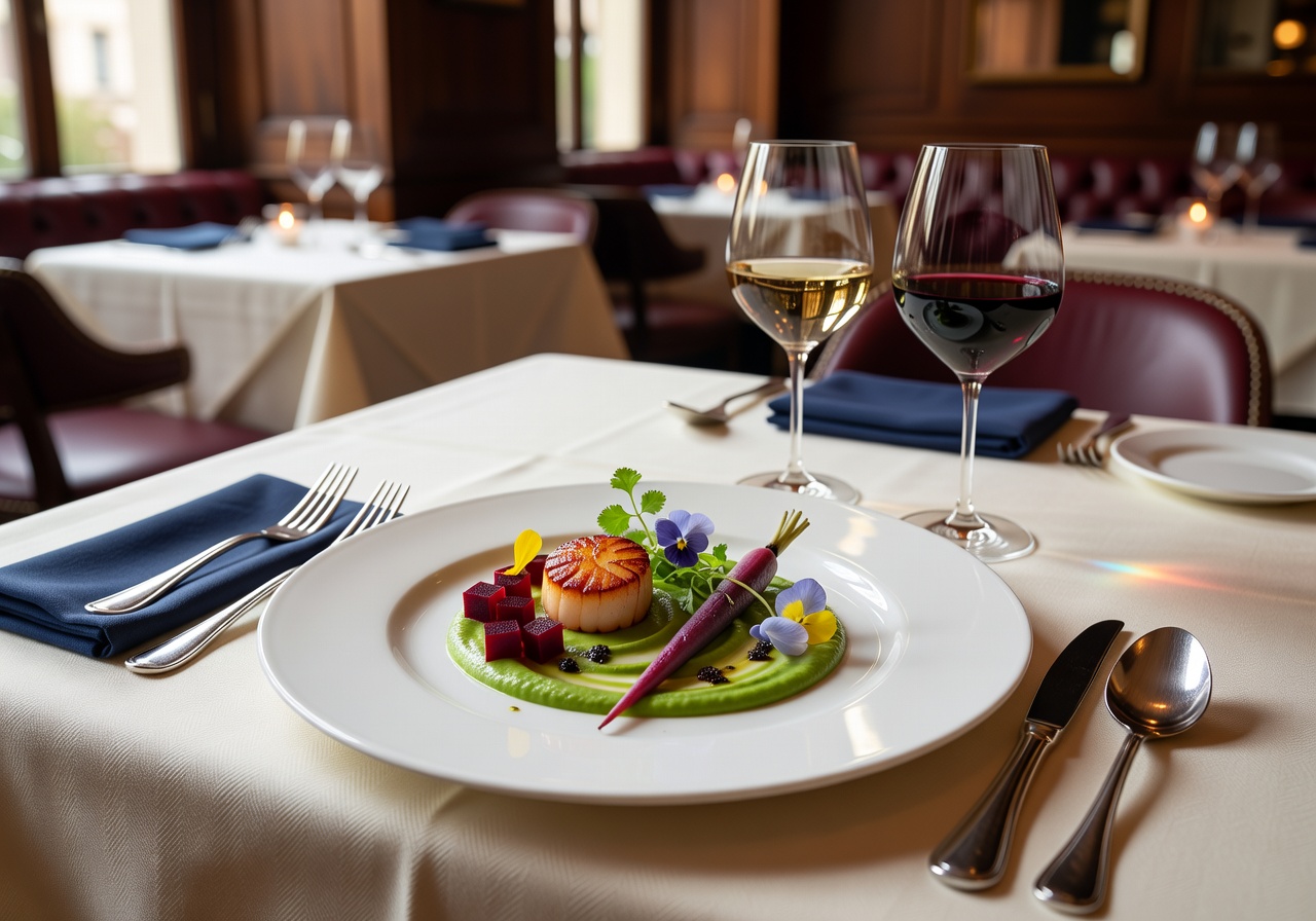 Fine dining table setting with crystal glasses and candlelight