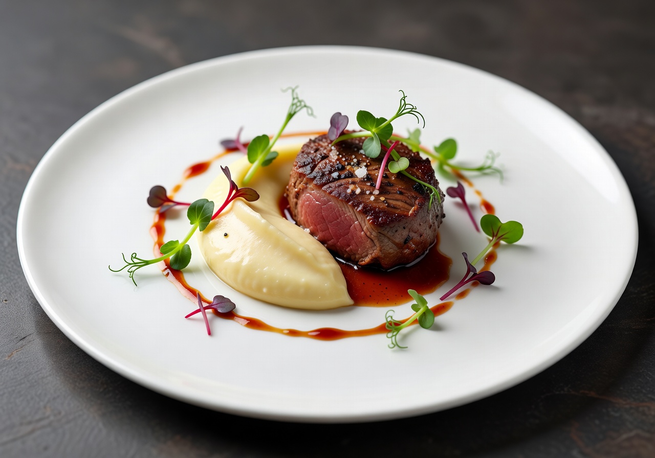 Gourmet dish artistically presented on white plate with microgreens