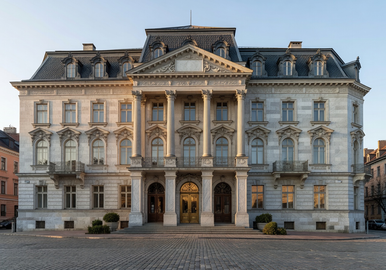 Grand hotel facade with classical European architecture in Riga