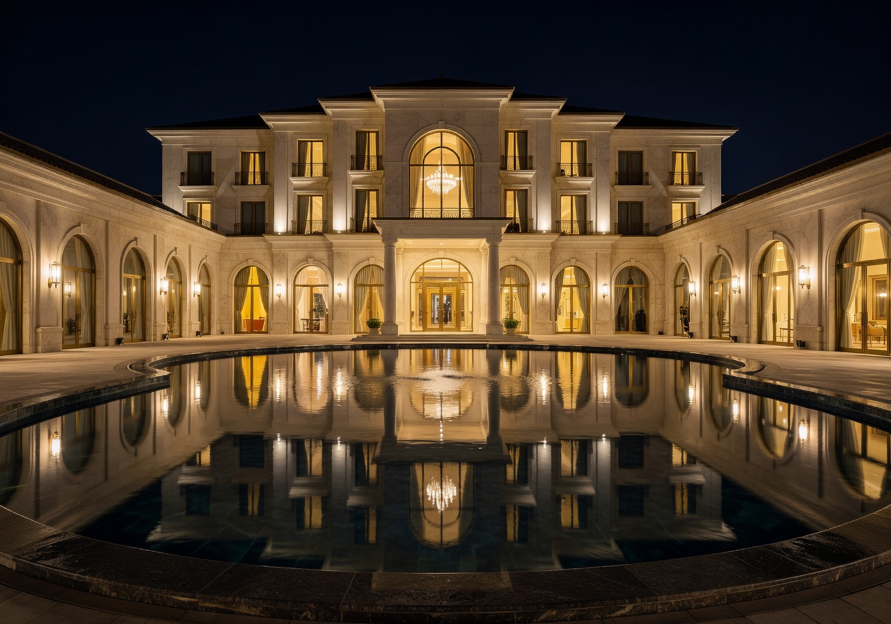 Hotel exterior illuminated at night reflecting in fountain pool