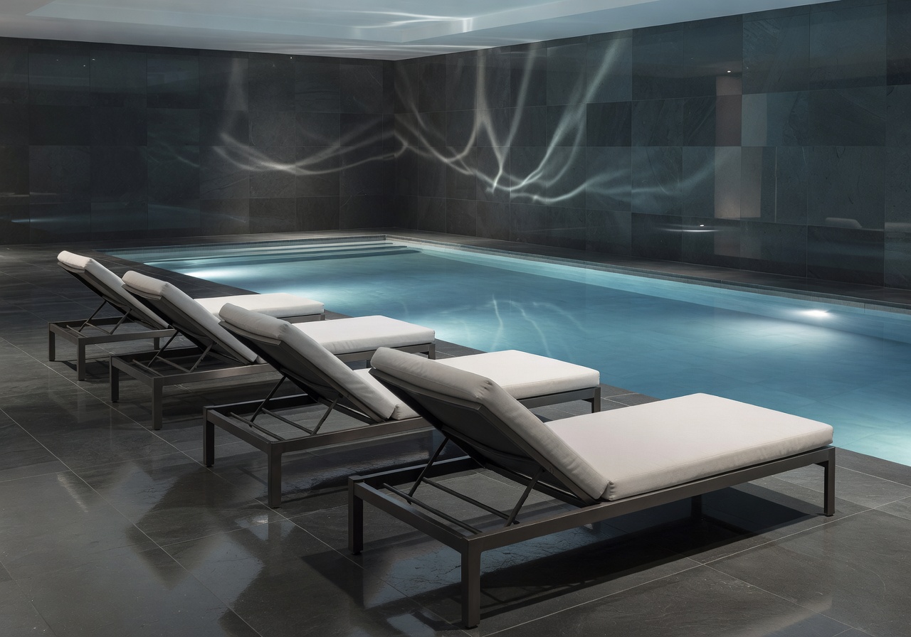 Indoor pool with underwater lighting and lounge chairs