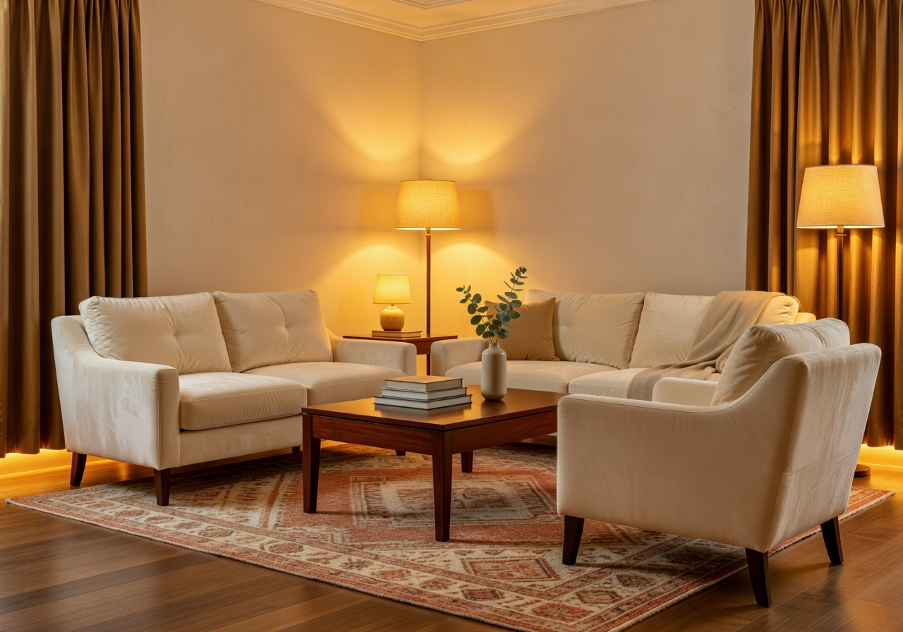 Junior Suite with comfortable seating area and warm golden lighting