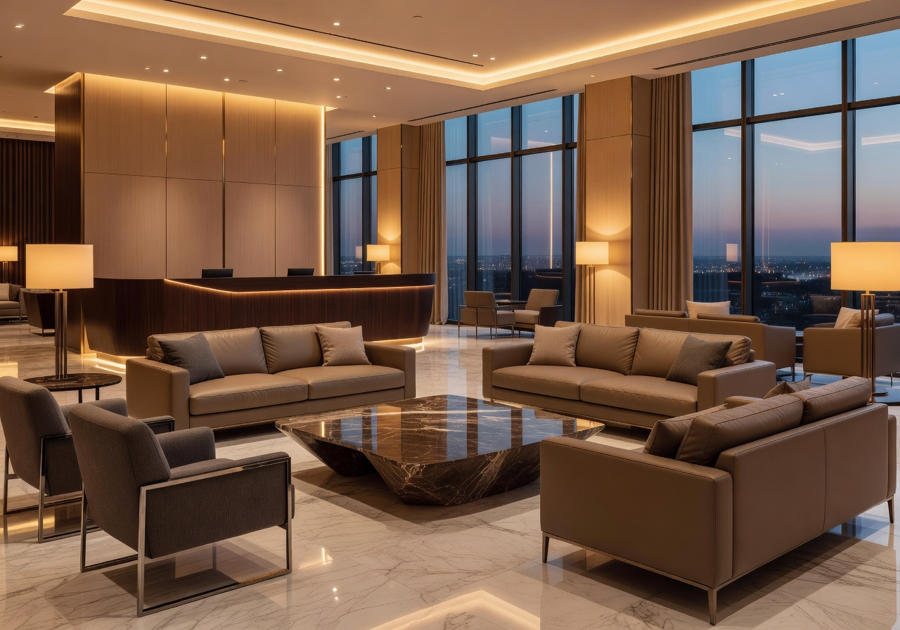 Luxurious hotel lobby with warm ambient lighting and modern furniture