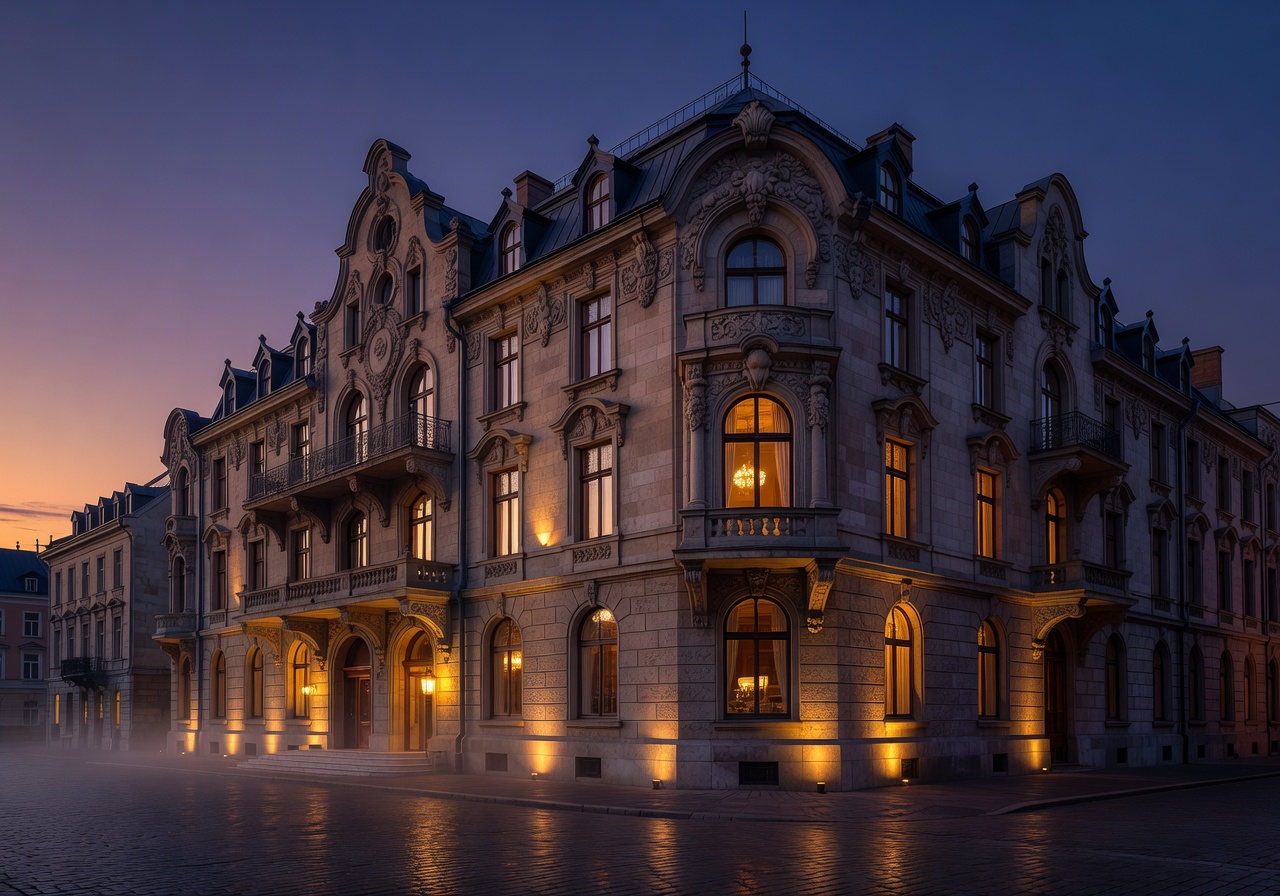Luxury hotel exterior at dusk in Riga Latvia with illuminated facade