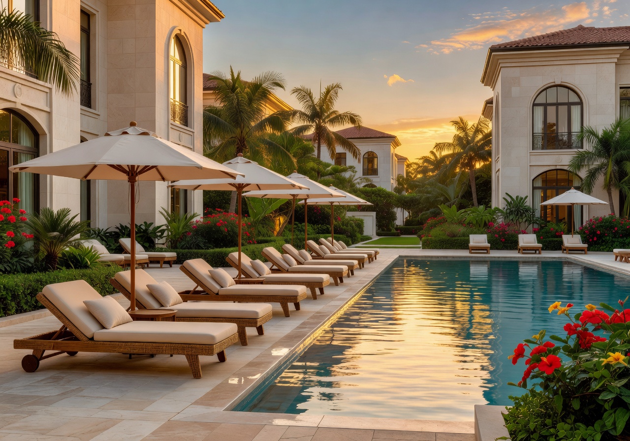 Luxury hotel pool area at golden hour with elegant loungers