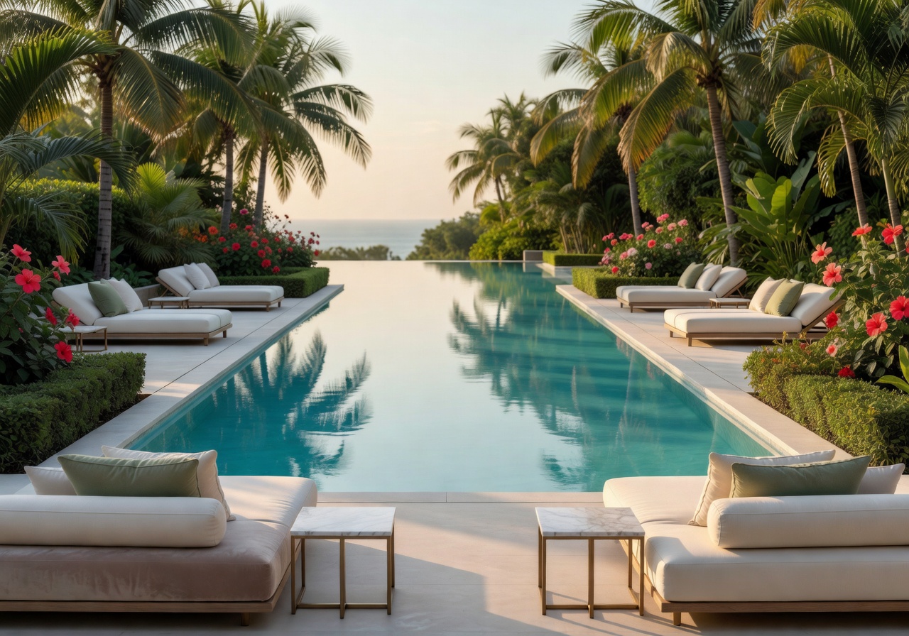 Luxury hotel pool surrounded by elegant lounging area and greenery