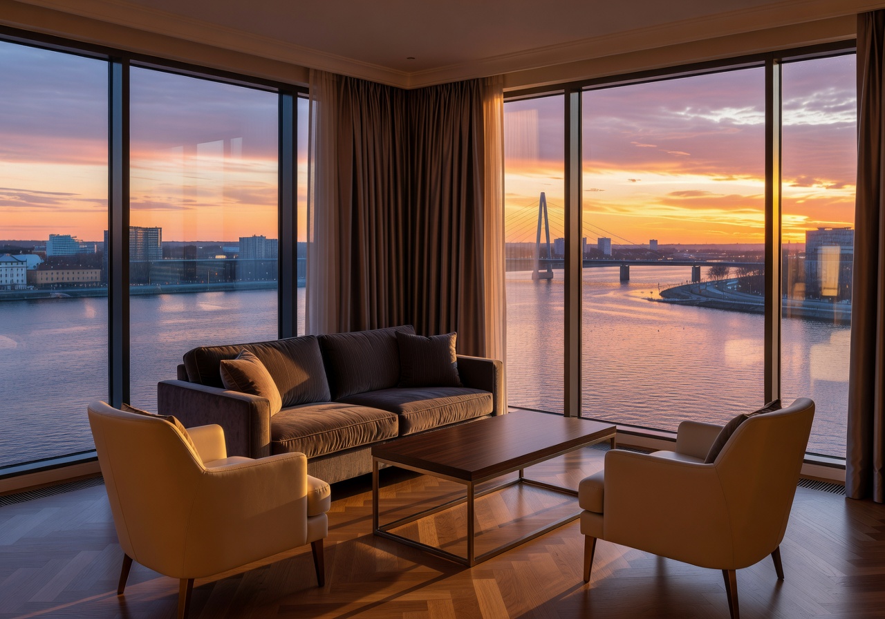Luxury hotel suite overlooking Daugava River at sunset