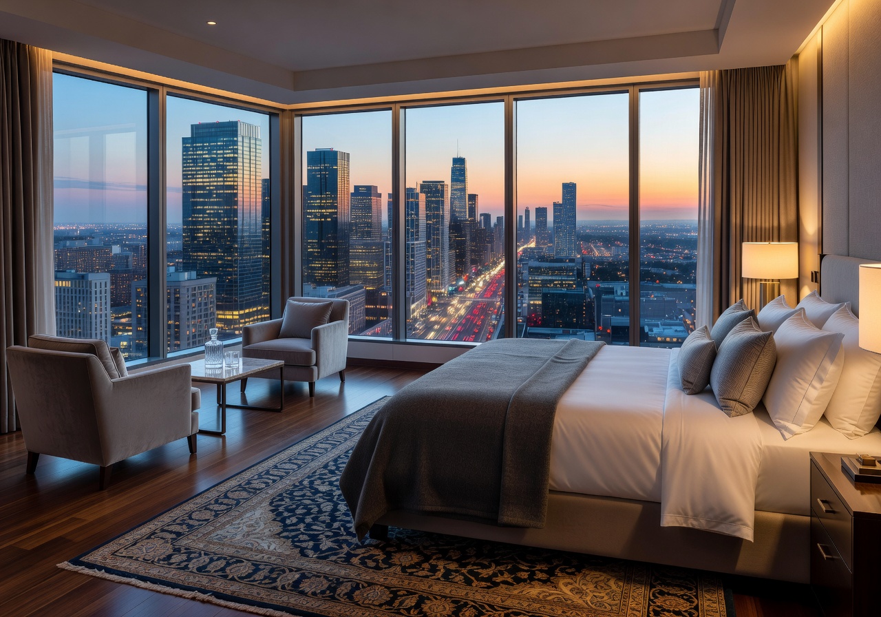 Presidential Suite master bedroom with panoramic city views