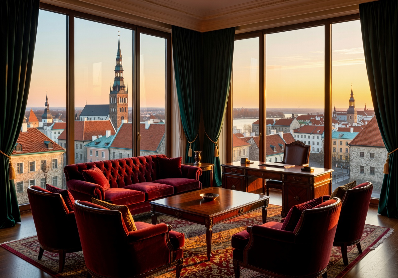 Presidential Suite with panoramic view of Riga Old Town and luxury furnishings