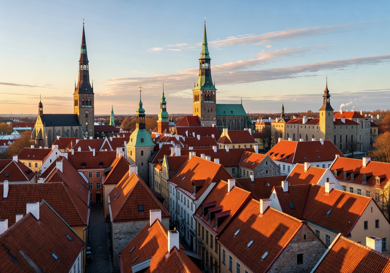 Riga Old Town panorama with church spires and terracotta rooftops