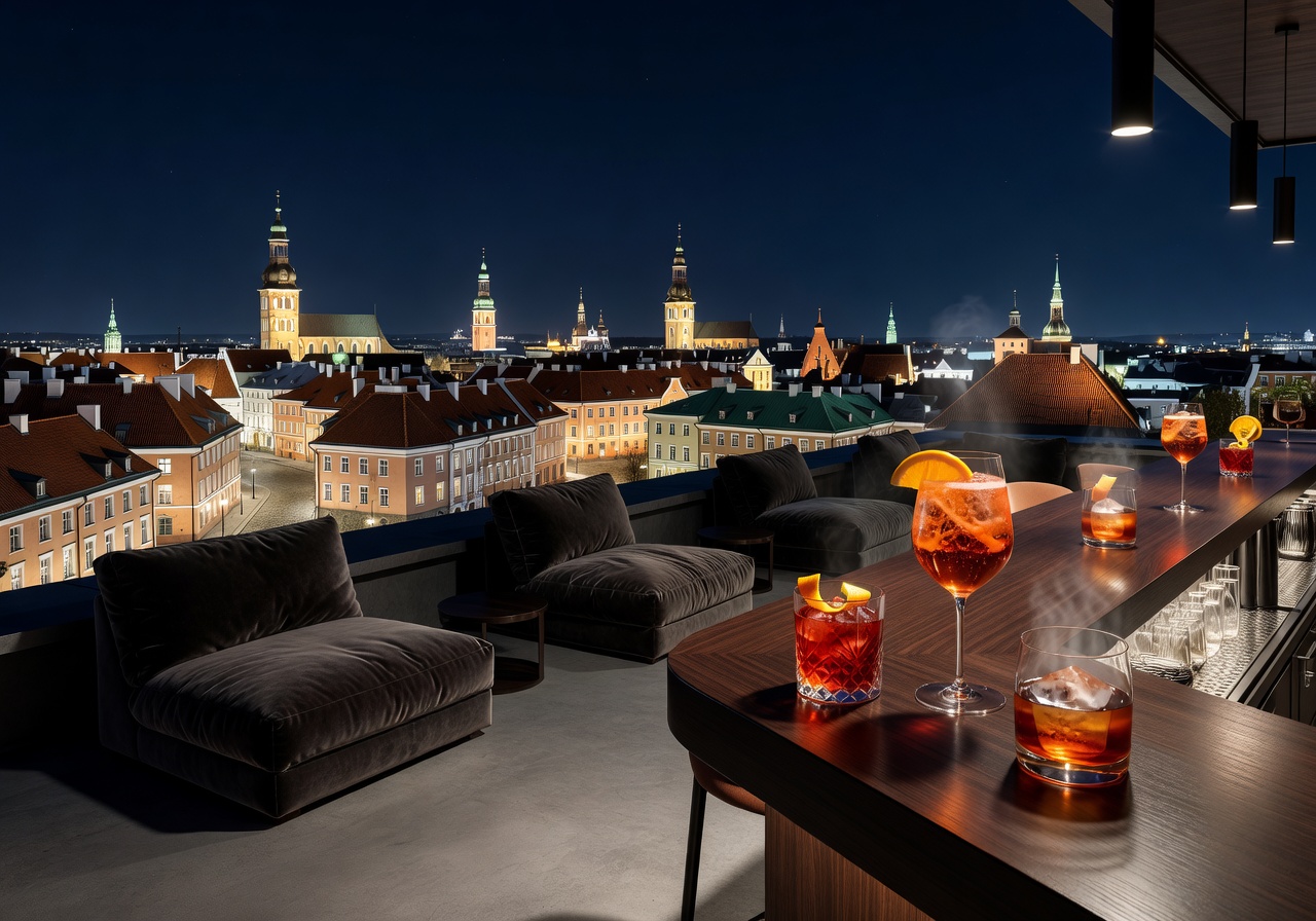 Rooftop bar at night with cocktails and panoramic Riga skyline views