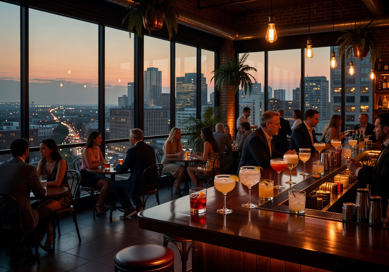 Rooftop bar interior with city views and ambient cocktail lighting