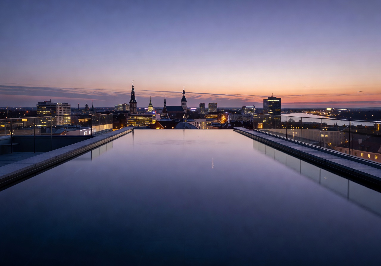 Rooftop infinity pool overlooking the Riga cityscape at twilight