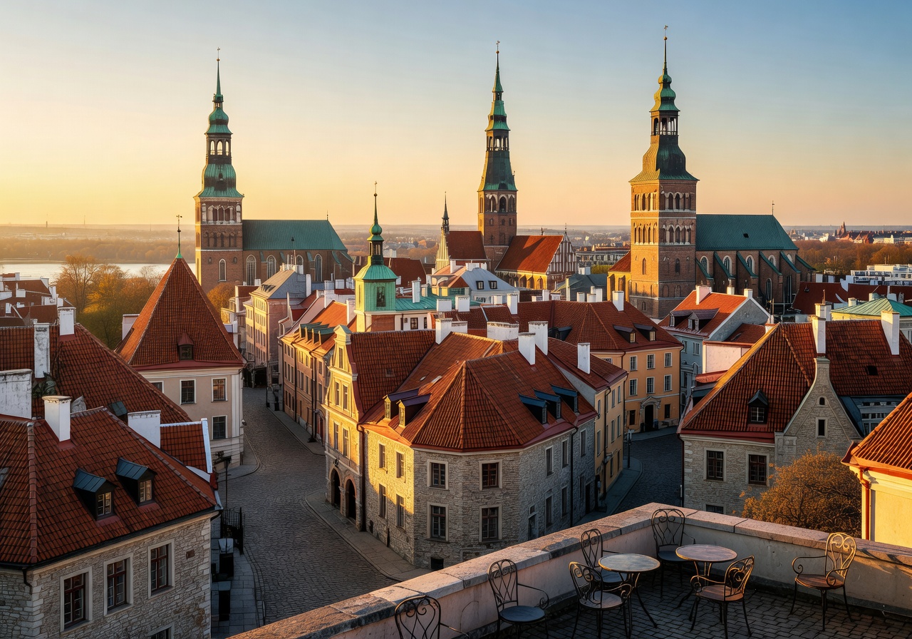 Scenic view of Riga Old Town from hotel rooftop at golden hour