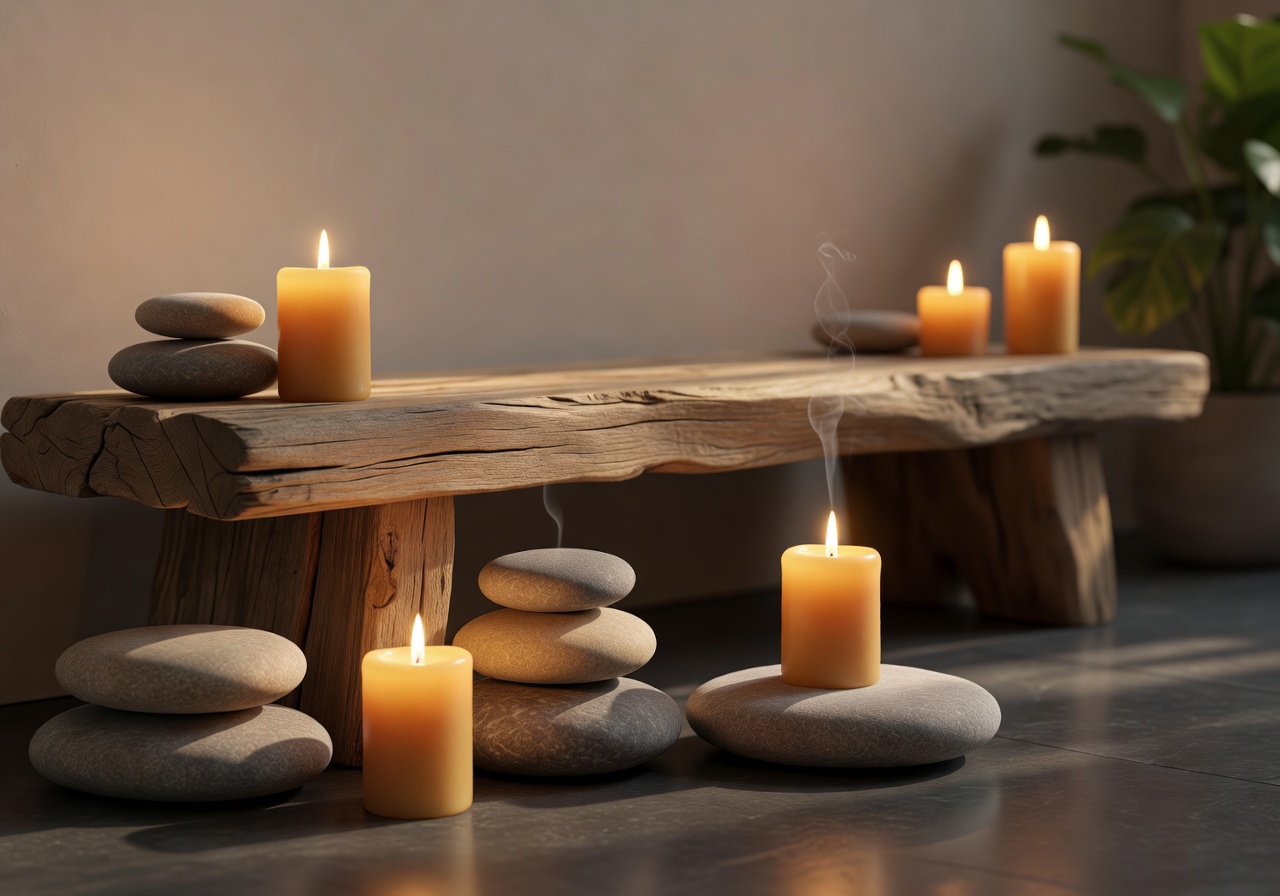Serene spa setting with candles and natural wooden elements