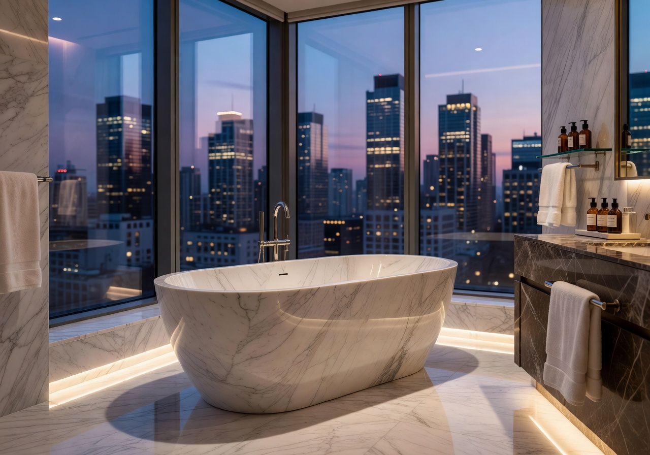 Skyline Suite bathroom with freestanding marble bathtub