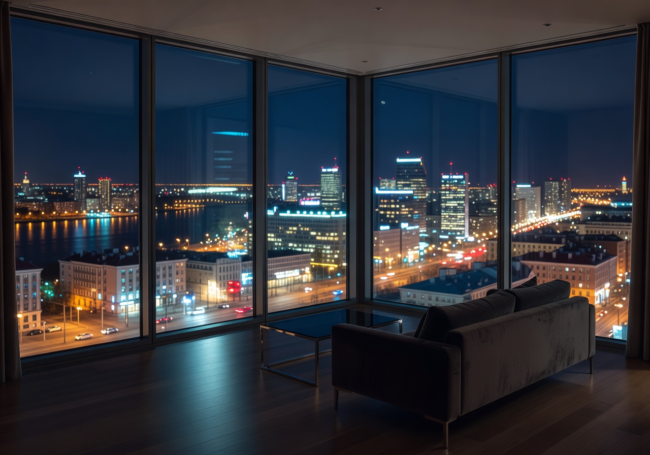 Skyline Suite with floor to ceiling windows overlooking Riga city lights