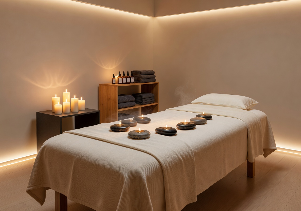 Spa treatment room with hot stones and calming ambient lighting