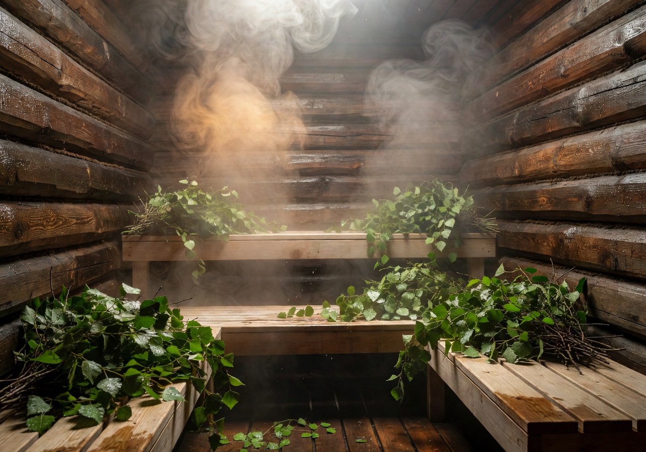 Traditional Latvian sauna with birch branches and steam