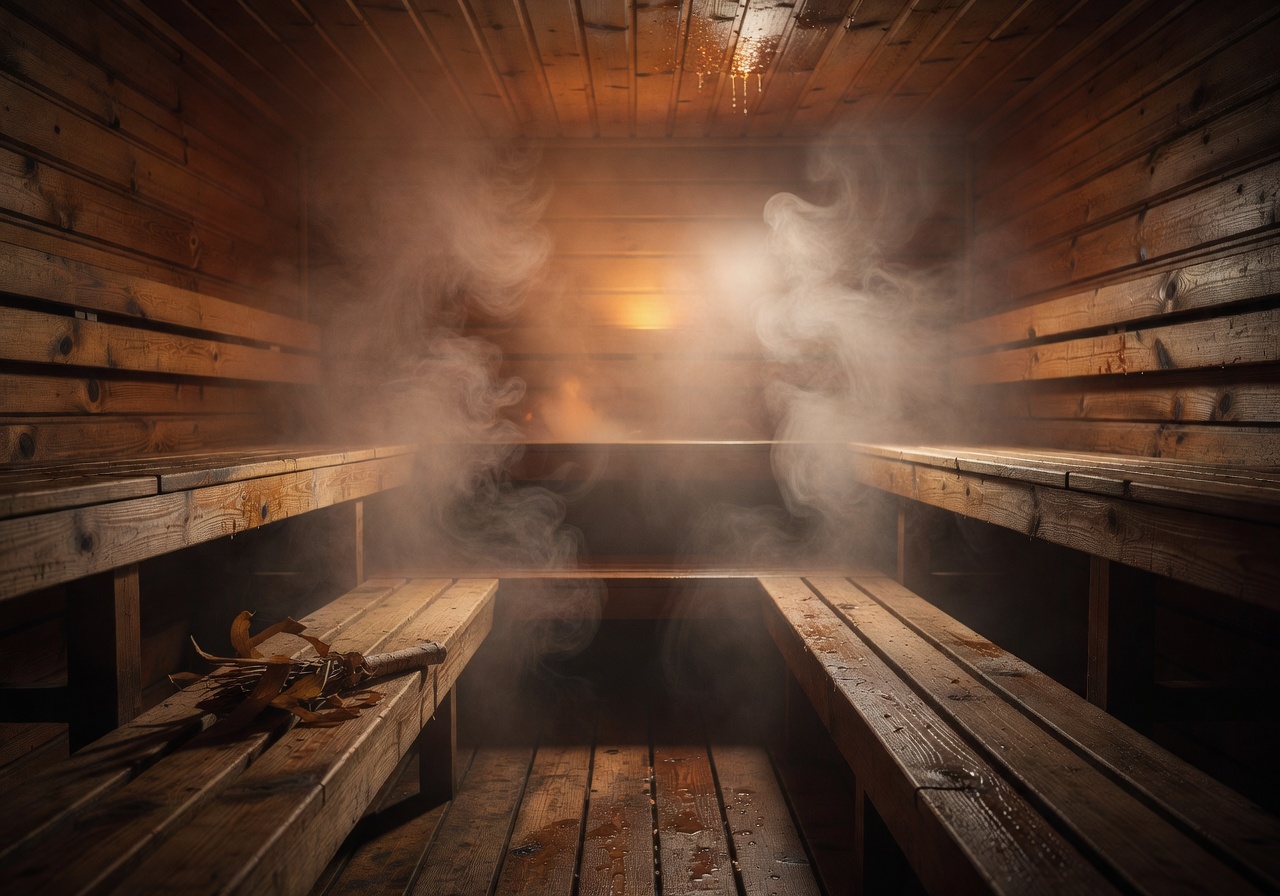 Traditional wooden sauna interior with steam and warm glow