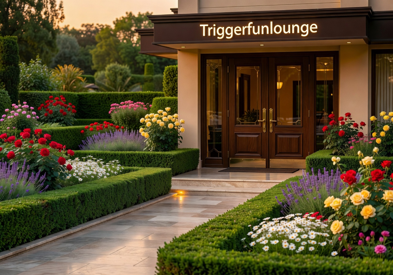Triggerfunlounge hotel entrance with manicured gardens and warm evening light